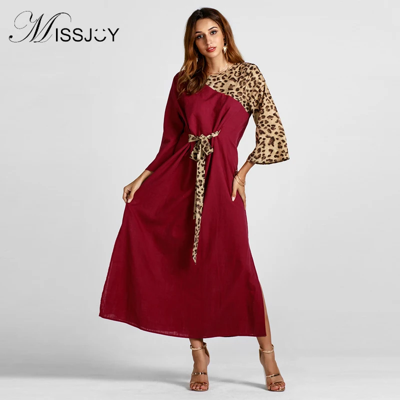 Missjoy леопардовой расцветки с длинными Maxi Dress Vestidos Largos ремень осенние пикантные арабских женщин Абая Ближнего Востока Kuta/Турецкий Исламская одежда