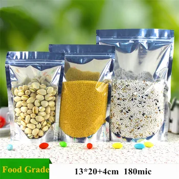 

13*20+4cm Reclosable Zipper Bag Silver Aluminium Foil Stand Up Ziplock Bag Self-Sealed Plastic Ziplock Bag