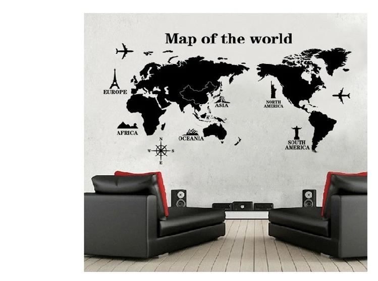 Качество черный карта мира настенные наклейки мужчины декора home decor современный
