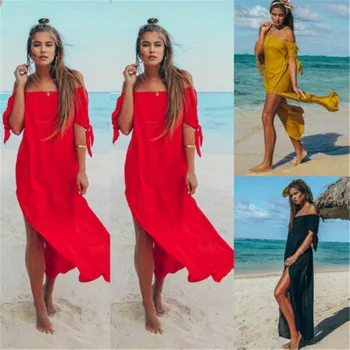 

Sexy Off Shoulder Women Beach Dress Swim Suit Middle Sleeve Solid Beach Cover Up Summer Maxi Beach Dresses For Women Swimsuits