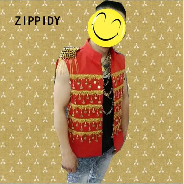 red vest Модные повседневные заклепки кисточкой Кулон Мужской жилет ночной клуб певец производительность тонкий куртка этап DJ Показать костюмы Верхняя одежда - Цвет: red vest