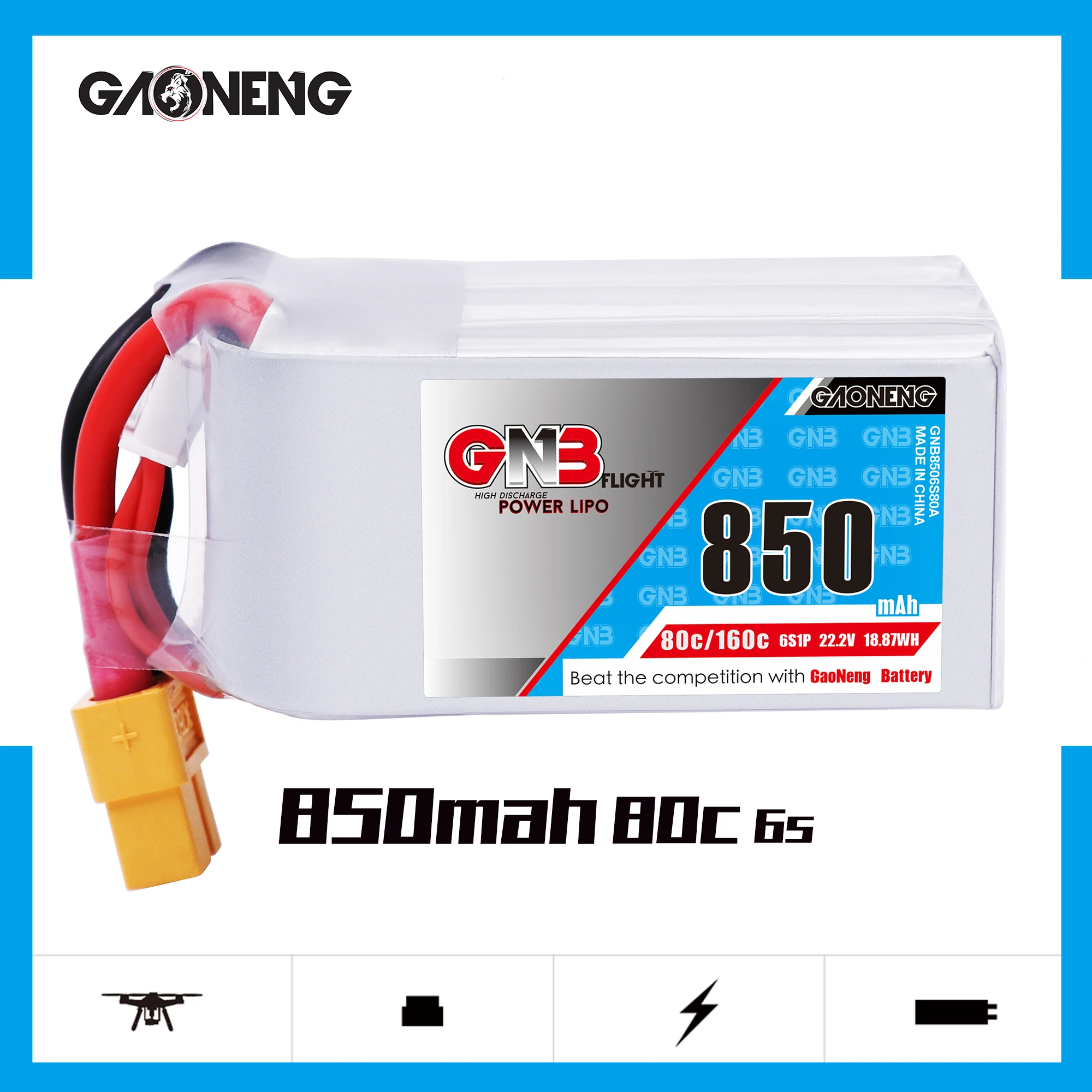 

Gaoneng GNB 850mAh 22.2V 6S 80C/160C Lipo battery XT30 or XT60 Plug for FPV Racing Drone RC Models Multicopter Frame parts