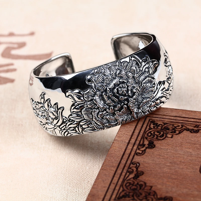 US $63.00 JIASHUNTAI Retro 925 Sterling Silver Bangles For Women Lotus Flower Vintage Silver Fine Jewelry Female
