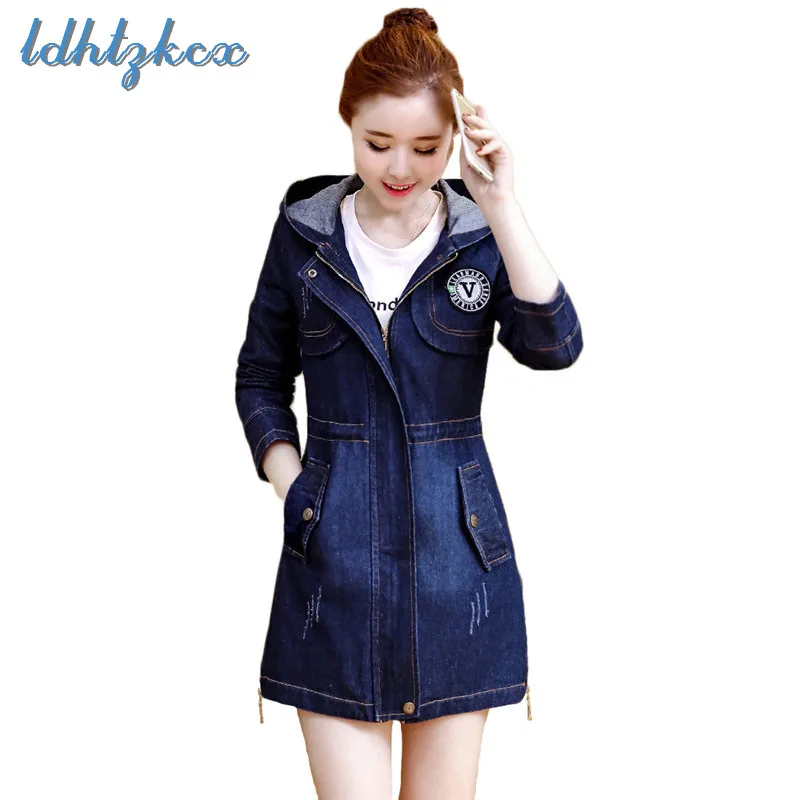 Джинсовые куртки Для женщин синий плюс Размеры Пальто с капюшоном и длинными рукавами Осень корейский офис элегантные женские длинный тонкий пальто CX278