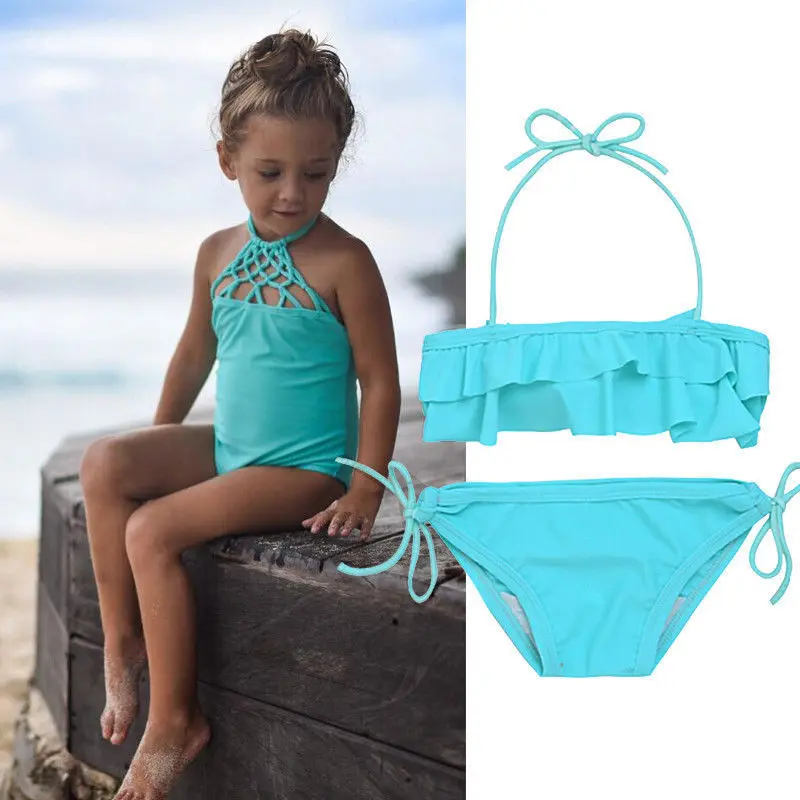 Hirigin/Новинка; летний однотонный купальник с оборками для маленьких девочек; купальный костюм; танкини; комплект бикини; купальный костюм; пляжная одежда