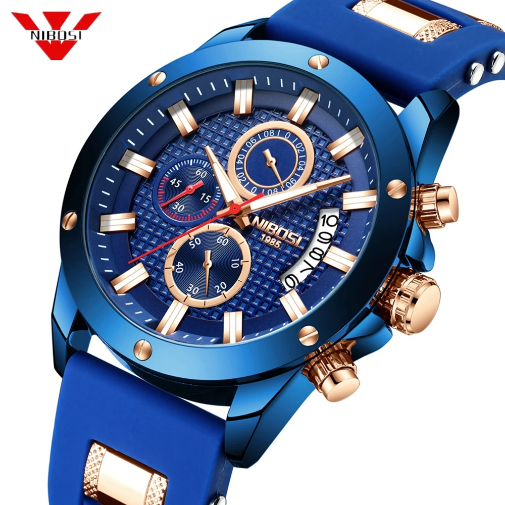 

NIBOSI Chronograph Watch Men Sport Quartz Clock Mens Watches Top Brand Luxury Silicone Strap Casual Military Watch Male Blue
