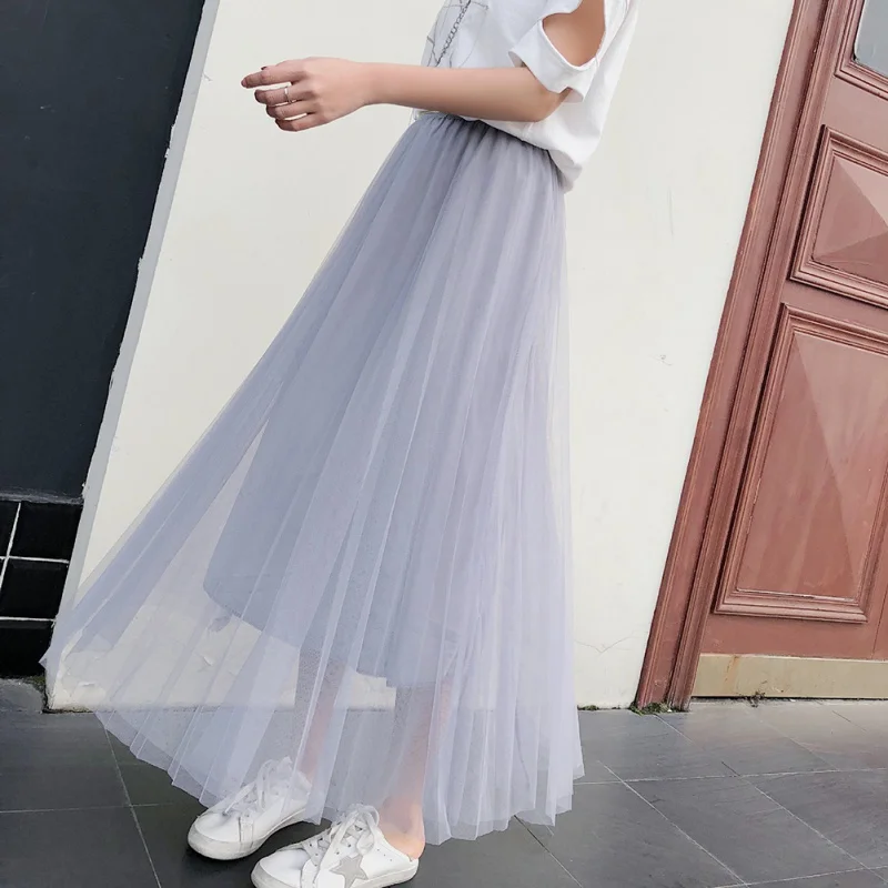 Высокая Талия Тюль Юбка из сетчатой ткани Для женщин женская плиссированная юбка в Корейском стиле чистой пряжи пачка, юбка с подкладом