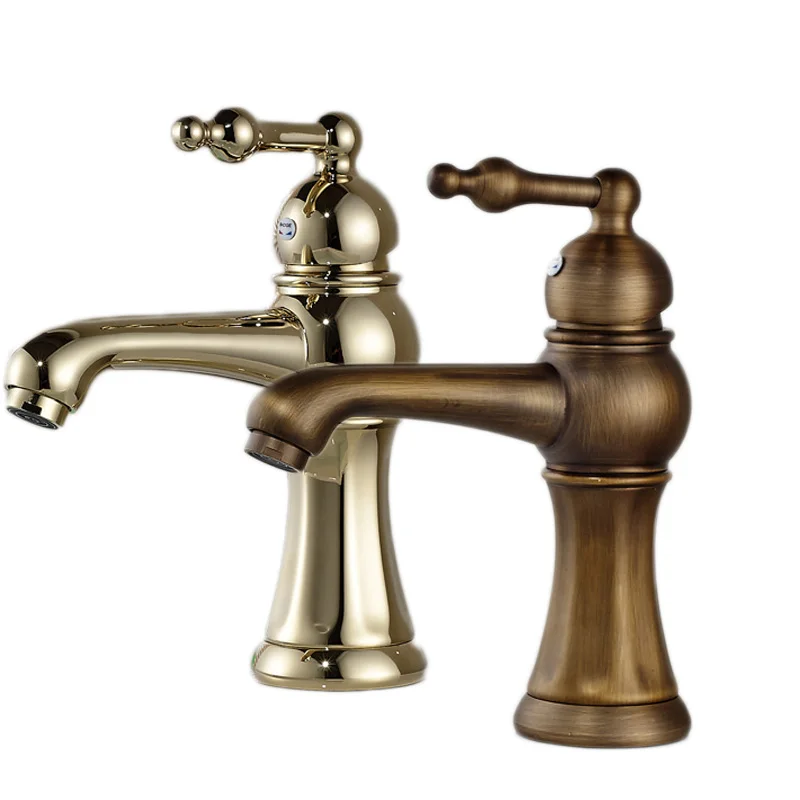 Free Shipping Brass Antique Basin Sink Faucet Short Deck Mounted Hot and Cold Tap for Washbasin