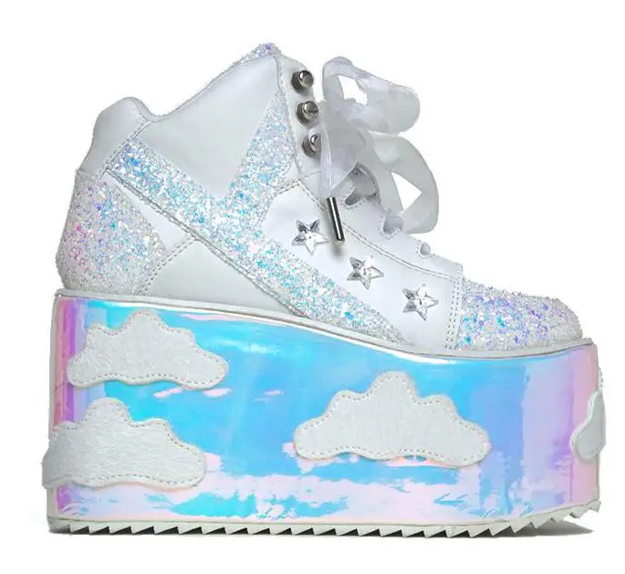 

Autumn Newest Platform Wedge Shoe for Woman Round Toe Glitter Embellished Lace-up Casual Shoe Cloud Stars Patchwork Shoes