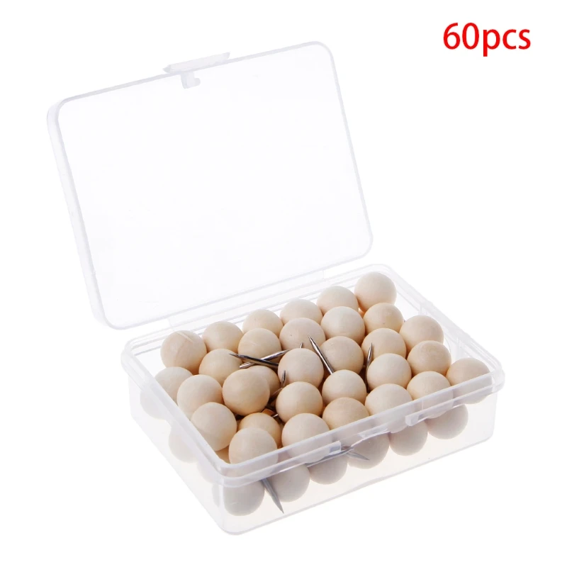 60 Pcs Round Wooden Thumbtack Creative Push Pins Decorative Drawing Wood Head Pin Office Binding Supplies