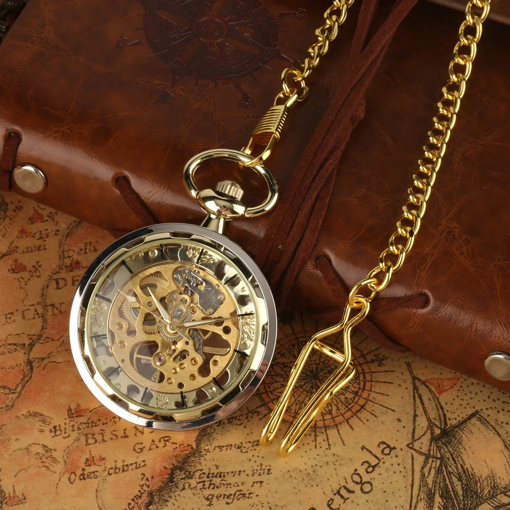 Unisex Luxury Open Face Golden Mechanical Pocket Watch Necklace Pendant