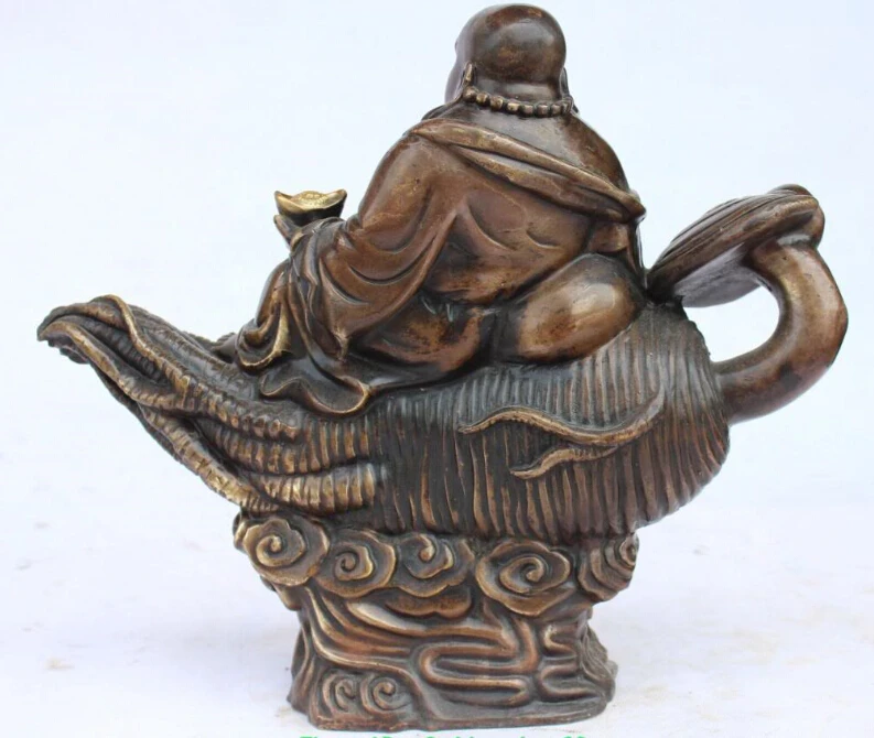 

S0497 13" Bronze Gilt Happy Laugh Maitreya Buddha Yuanbao Fan On Ginseng Ruyi Statue