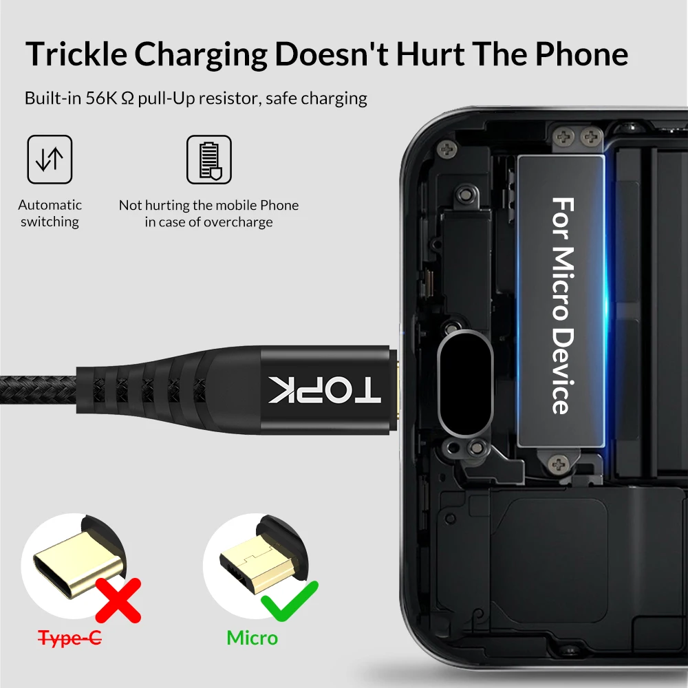 TOPK المصغّر usb كابل النايلون مضفر كبل مزامنة بيانات لسامسونج S7 حافة Xiaomi Redmi 4X شاحن هاتف محمول يعمل بنظام تشغيل أندرويد كابل