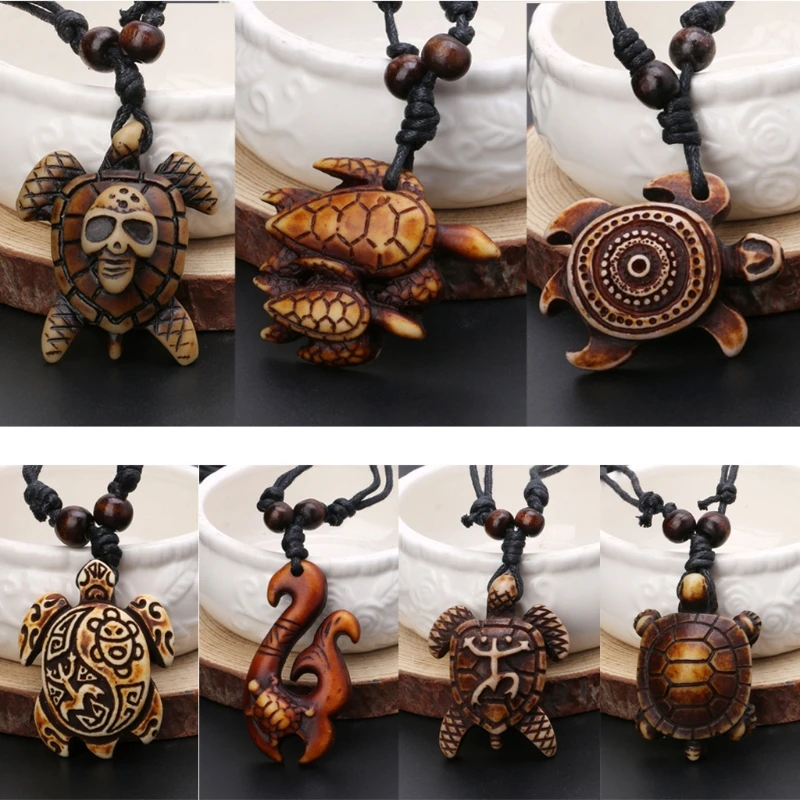 

7pcs Ethnic Tribal Faux Yak Bone Lucky Surfing Wood Sea Turtle Pendants Necklace