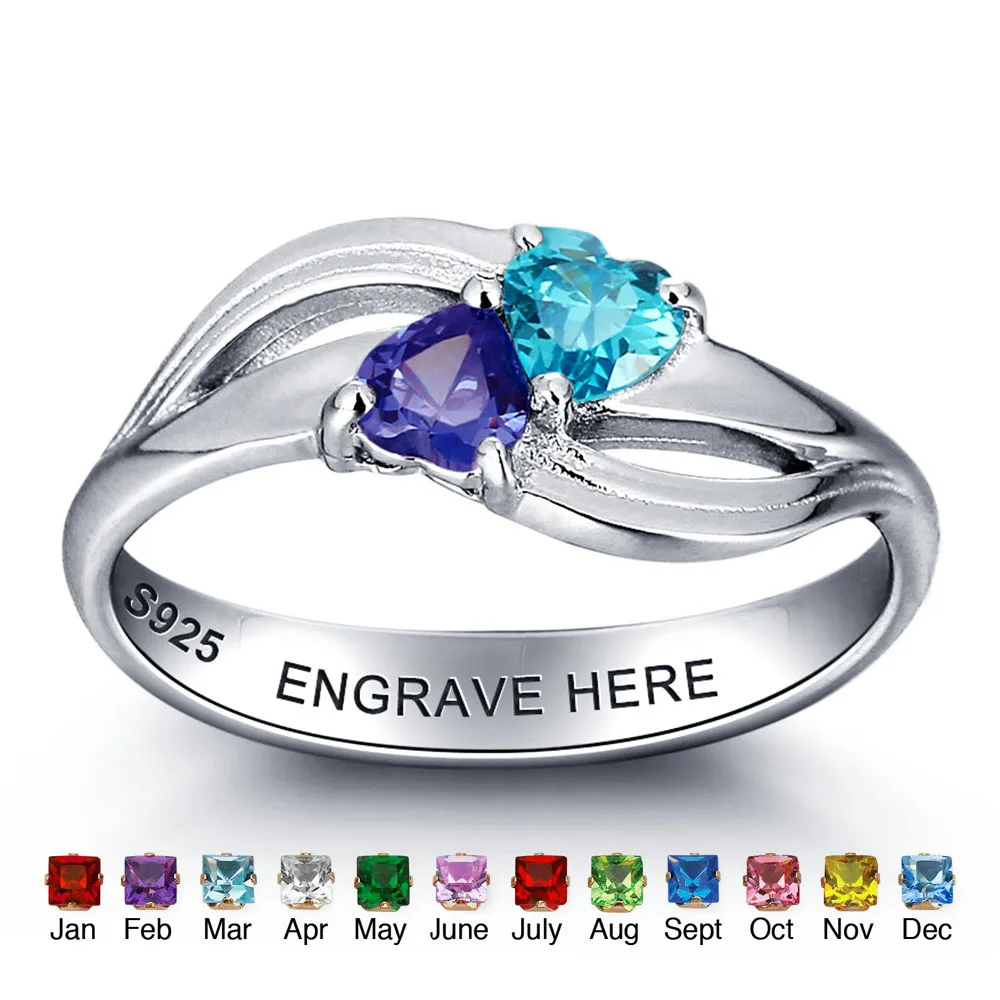 Personalized 925 Sterling Silver Birthstone Ring Heart