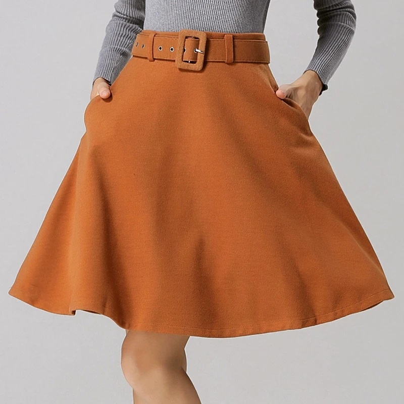 

2016 Autumn Winter New Elegant Vintage Wool Blend Thick High Waisted Women Knee Length Flare Midi Skirt Office With Belt