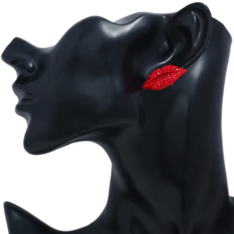 2018 Fashion earrings for women sexy red lips lipstick earrings Asymmetrical Rhinestone Jewelry Brincos Bijoux Femme J11#N (2)