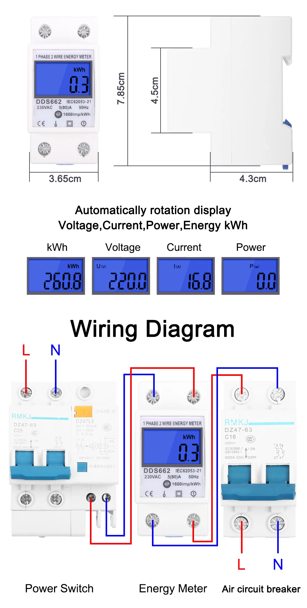 Single Phase Two Wire LCD Digital Display Wattmeter Power Consumption Energy Electric Meter kWh AC 230V 50Hz Electric Din Rail