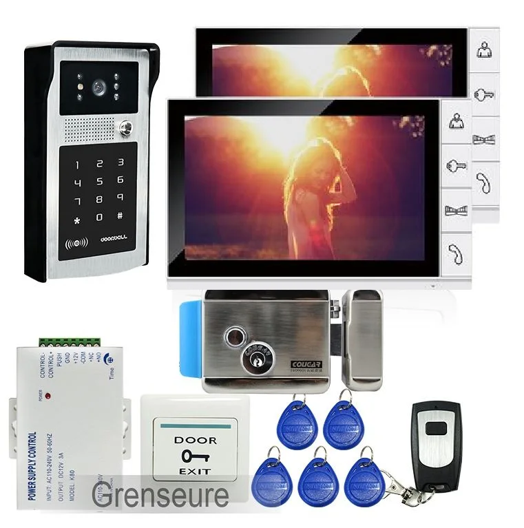 

Free Shipping 9" LCD Screen Video Door Phone Intercom Kit Outdoor RFID Code Keypad Doorbell Camera Electric Lock + 2 monitor