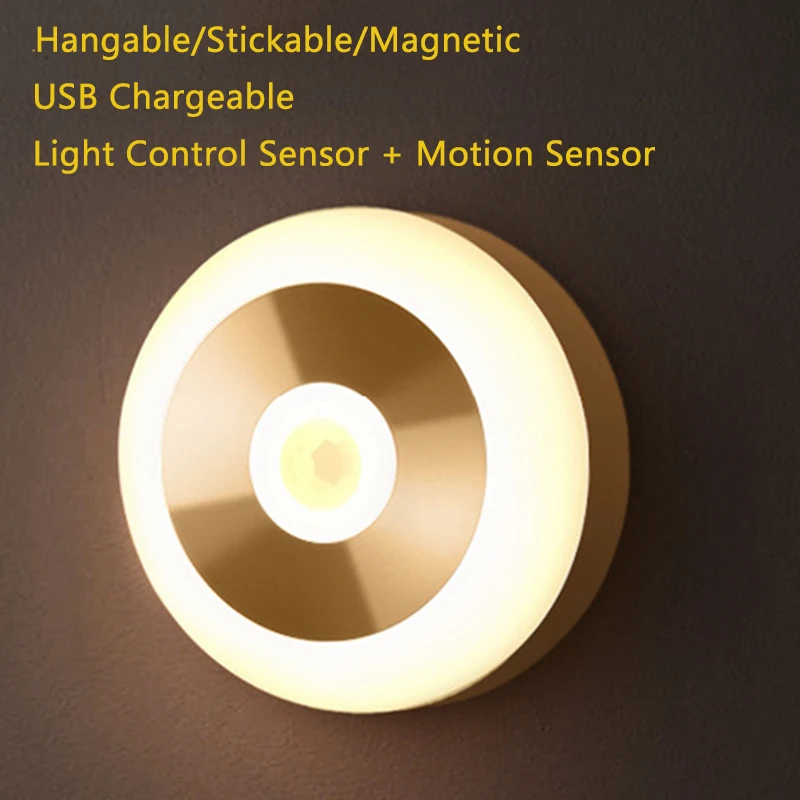 

LED Motion Sensor Night Light Modern Round Style Wall Lamps USB Rechargeable for Wardrobe Toilet Bedroom Reading Bedside Lamp