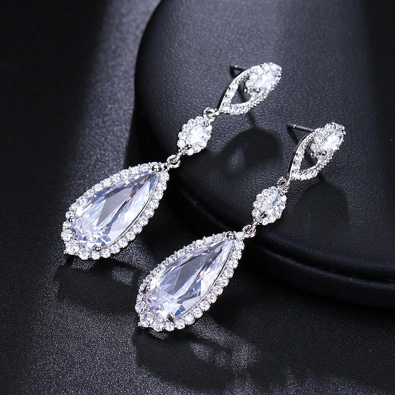 EMMAYA Luxury Bridal Four Colors Silver Vintage Allure Crystal Waterdrop Long Drop CZ Earrings For Women Wedding Jewelry Gift