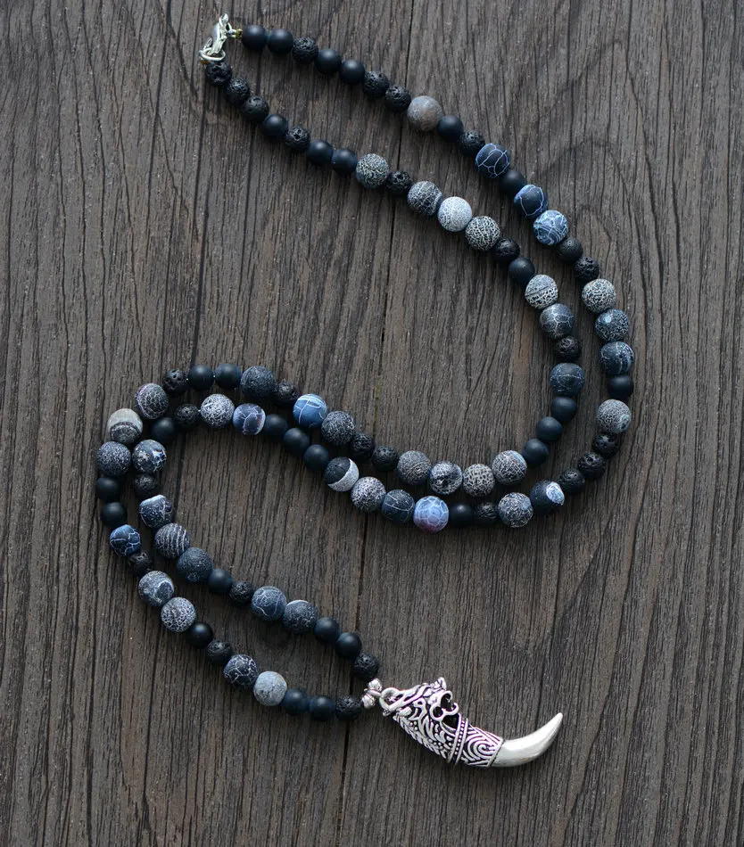 

Mens Necklace Matte Onyx Lava Stones with Antique Dragon Tusk Pendant Necklace Steampunk Natural Stone Lover Necklace