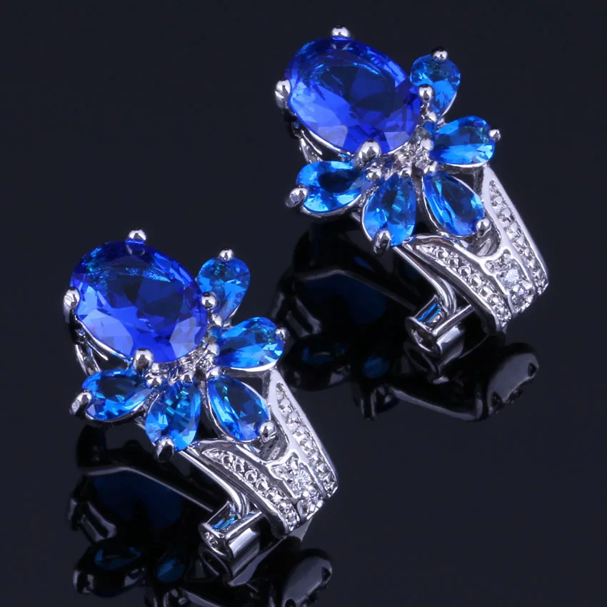 

Smooth Flower Blue Cubic Zirconia 925 Sterling Silver Clip Hoop Huggie Earrings For Women V0908