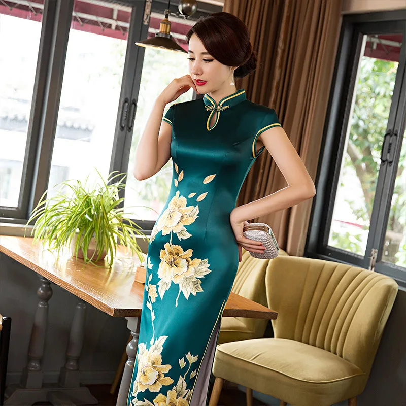 New Arrivals Blue Cheongsam Long Qipao Chinese Traditional Women