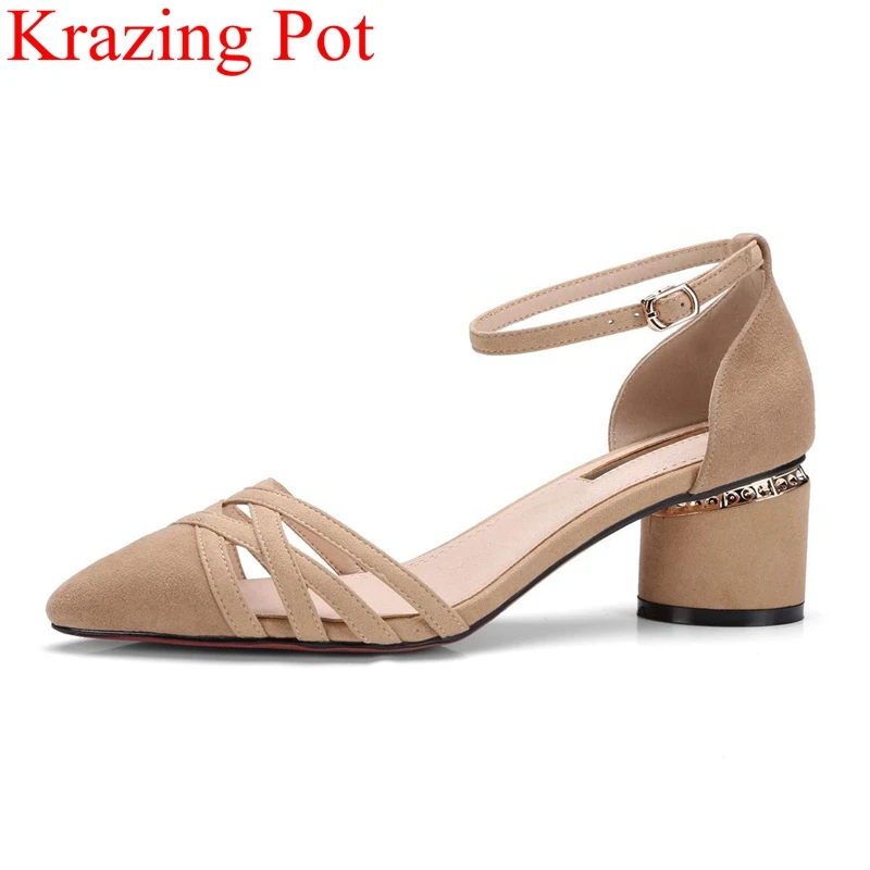 

2018 superstar shallow kid suede square heel sandals hollow elegant office lady concise buckle strap high heels summer shoe L6