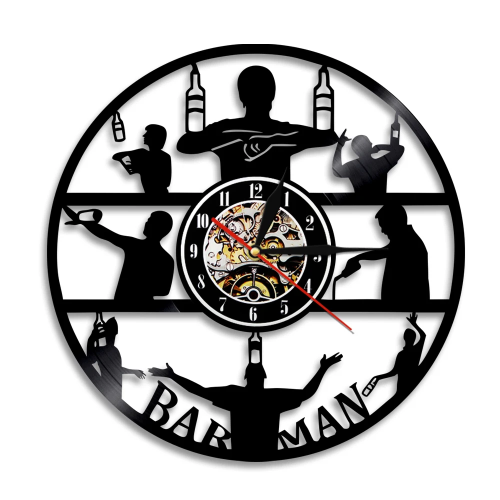  Barman Vinyl Record Wall Clock Club Vintage Time Creative Hanging Art With LED Blacklight Gift For Barmen | Дом и сад