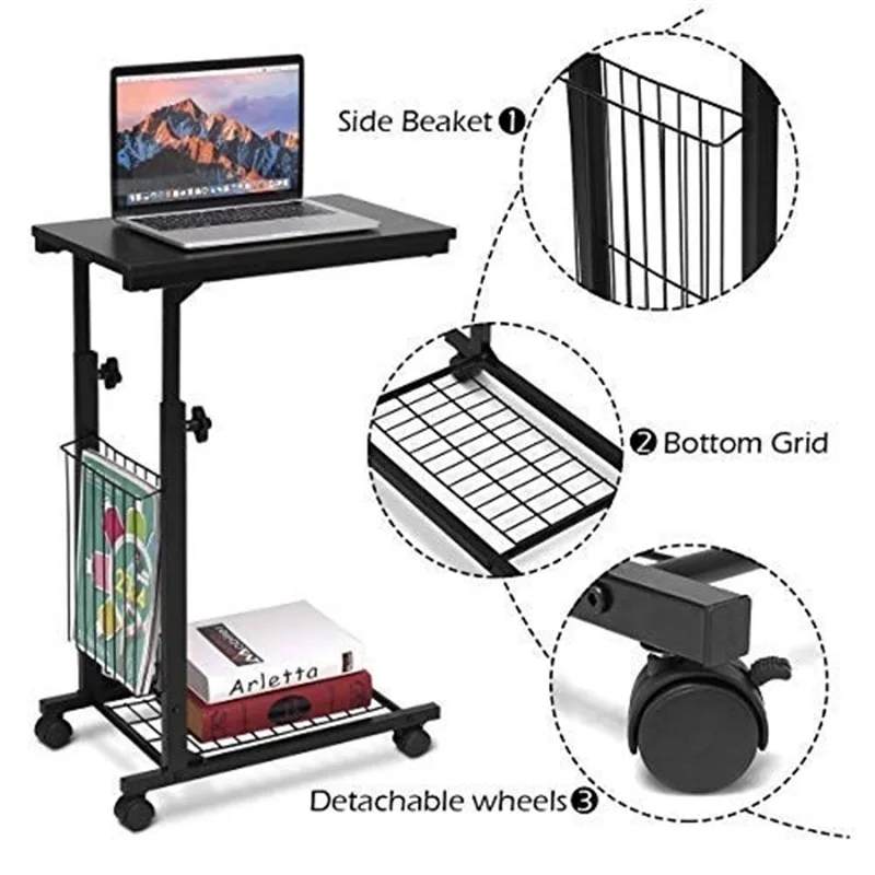  C Shaped Height Adjustable Sofa Side Snack End Table Compact Size Sturdy Steel Frame Storage Mesh R