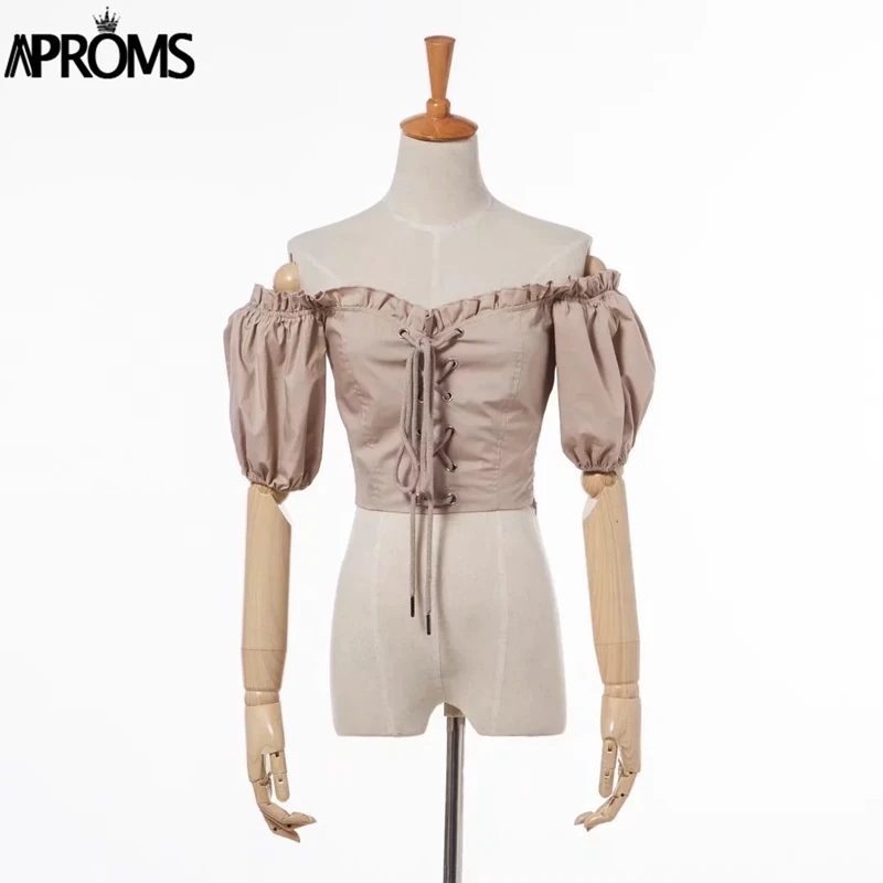 Tanie Aproms Lato Off Shoulder Lace Up Crop Top Kobiety Kr oacute;tki Rękaw Bow Tie Elastyczne Przycięte Bluzki Koszula Kobiet Czarny Khaki tees