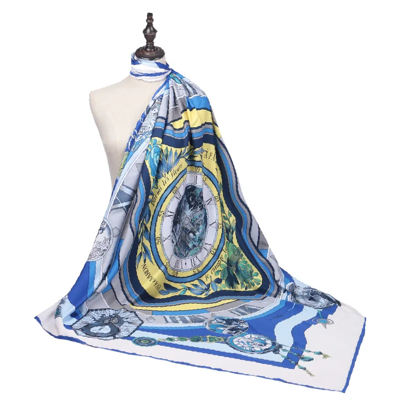

New Arrival Fashion Women soft satin brand scarf / Roman numerals Clock Printed quare silk scarves 130cm / Gifts Wholesale