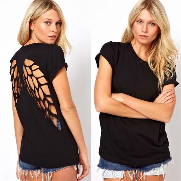 

Casual Shirt Female Tops Black White Women Summer Shirt Angel Wing Hollow Out Sexy Shrits Short Sleeve O-Neck Backless