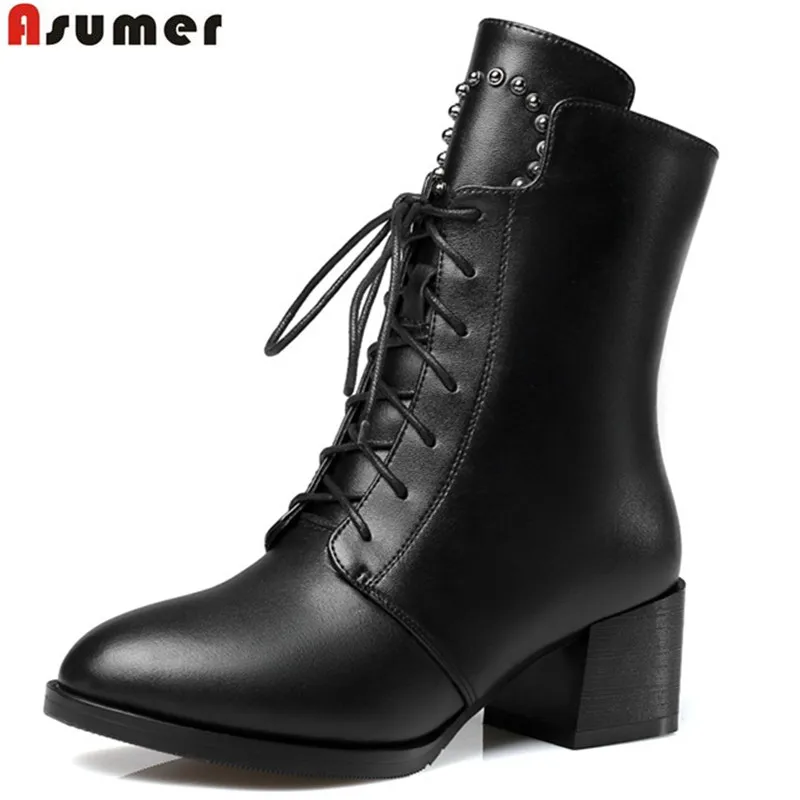 Koop ASUMER fashion black lace up rits vrouwen laarzen nieuwe aankomen lederen enkellaars ronde neus klinknagel herfst winter laarzen