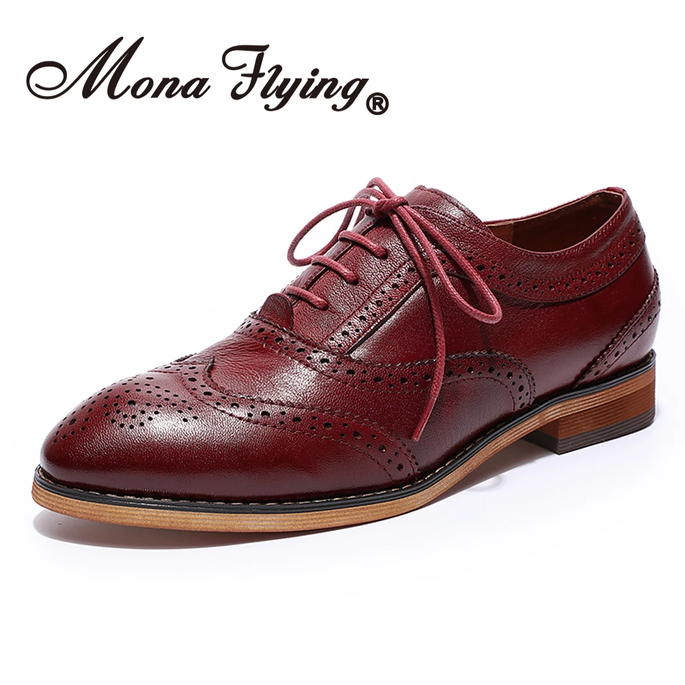 

Mona Flying Women Leather Oxfords Shoes Hand-made Dress Lace-up Block Wingtip Shoes for Women Ladies Girls B098-4