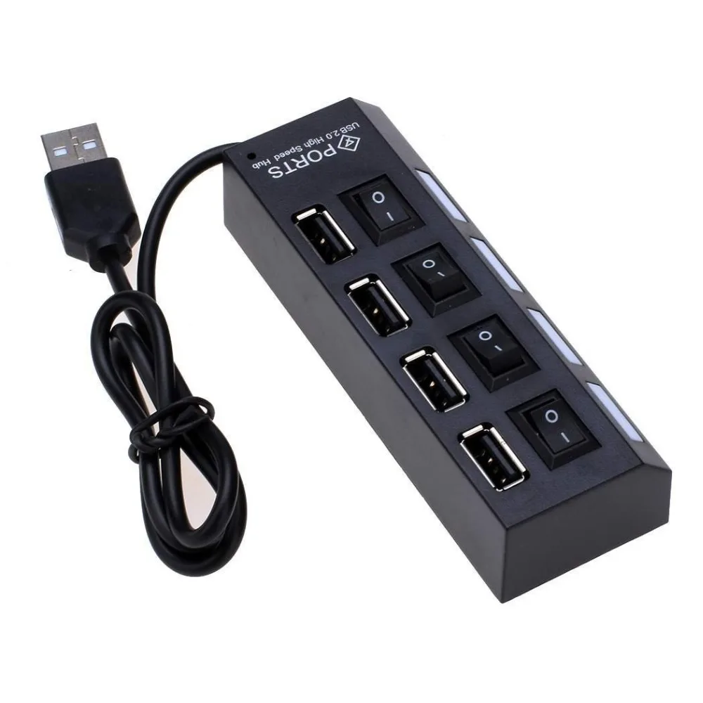 New 1pc High Speed 480Mbps 4 Port USB 2.0 Hub USB Splitter Adapter Port For Laptop PC Computer Peripherals Accessories w/Switch