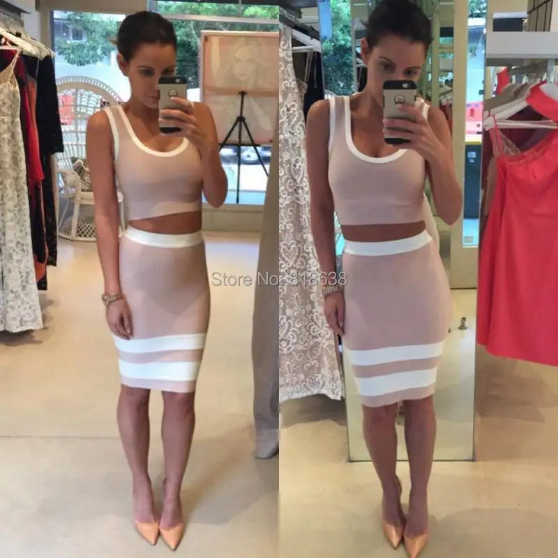 

2015 New summer fashion nude and white 2 two piece bandage dress bodycon dress wholesale dropshipping Dress + suit