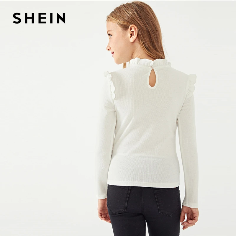 SHEIN/белая однотонная повседневная детская футболка с оборками и вырезом для девочек; топы для девочек; коллекция года; сезон весна; милые футболки с длинными рукавами и оборками для девочек