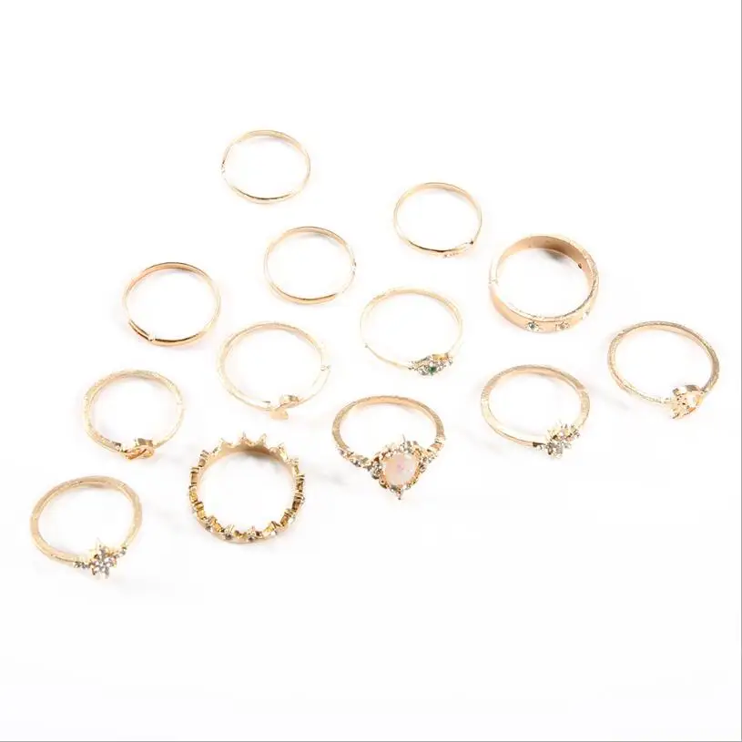 Набор из 13 предметов, романтическое женское кольцо с Лунной звездой, Винтажное кольцо с натуральным камнем, кольцо с короной, индивидуальное геометрическое кольцо
