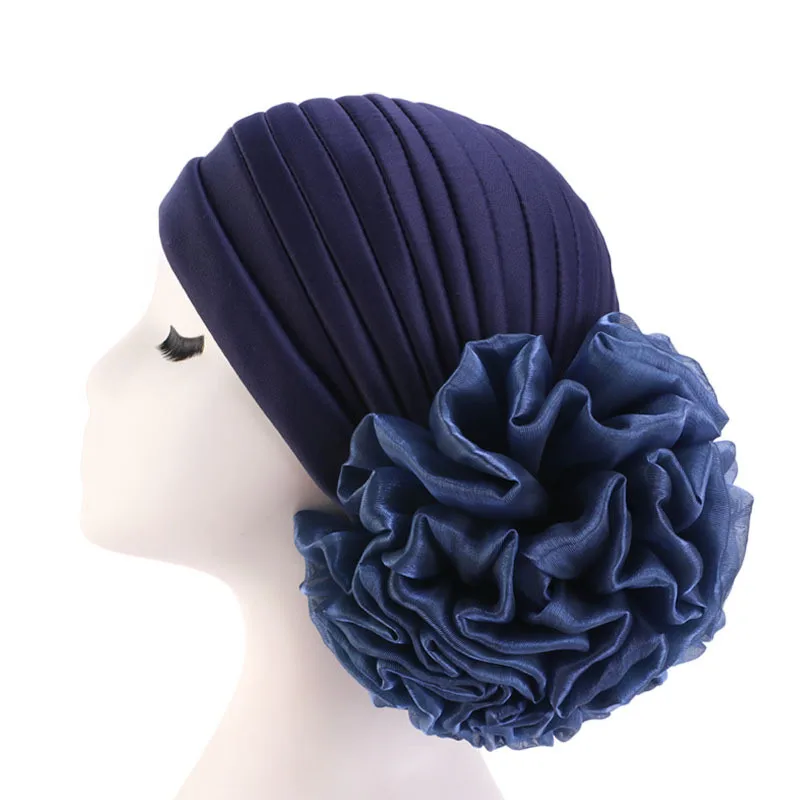 Helisopus большой тюрбан с цветком головной убор для женщин однотонные аксессуары для волос шапка Хемо дамы мусульманский шарф шапка для выпадения волос - Цвет: Navy Blue