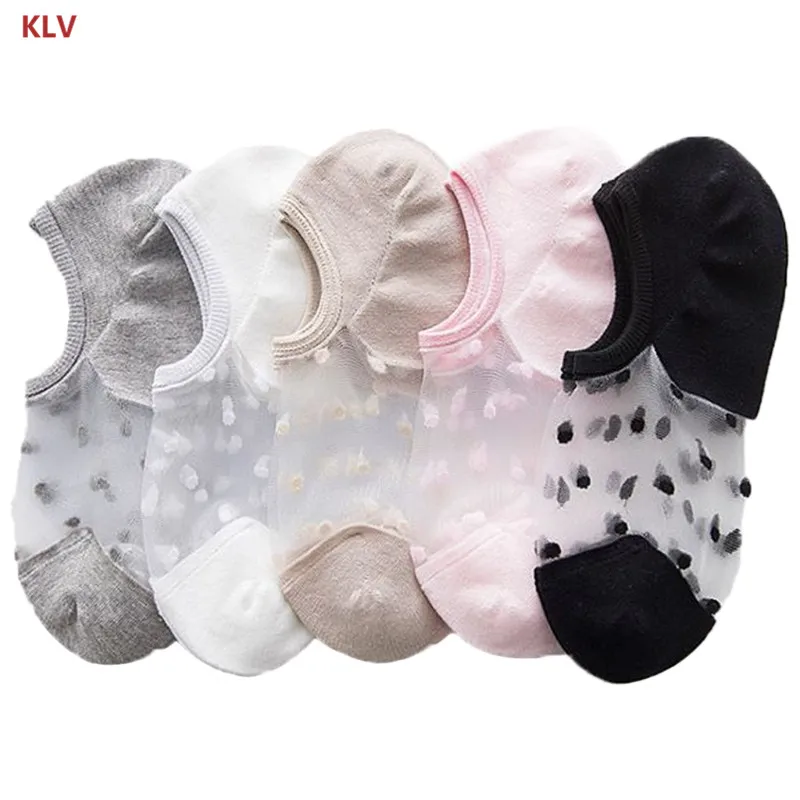 

KLV Women Sheer Lace Casual No Show Socks Non Slip Boat Low Cut Liner Dot Print Soft