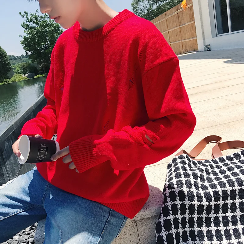

MIXCUBIC 2018 Autumn Korean style unique ripped hole Pullovers Knitwear Sweaters men red casual loose wild Sweaters,S-XXL