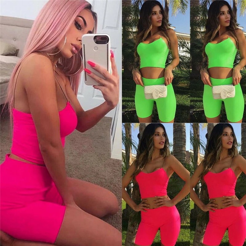 

2019 New Fashion Women's Ladies Casual Tracksuit Stretchy Sleeveless Tank Top Short Skinny Pants Outfits Set 2 Piece
