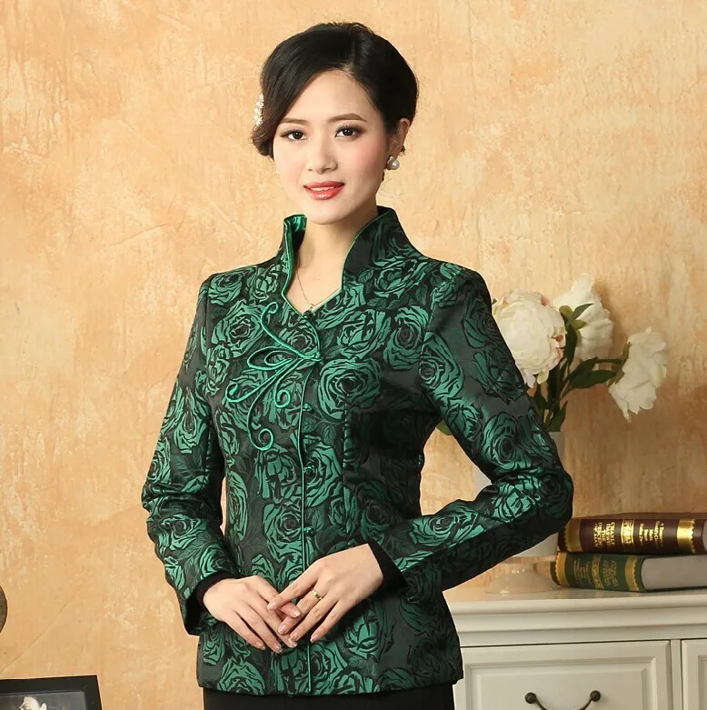 Зеленый Традиционный китайский стиль Женская шелковая атласная куртка пальто цветы Размеры S M L XL XXL XXXL