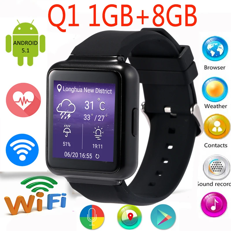 Lemfo Q1 Smart Watch MTK6580 1GB+8GB 1.54" Display Android 5.1 WiFi GPS 3G Bluetooth Smartwatch Support NANO Sim Card Phone