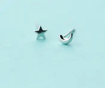 

asymmetric earrings (so small/tinny 5mm) 100% Real. 925 Sterling Silver jewelry Crescent Moon Star stud Earrings GTLE1413