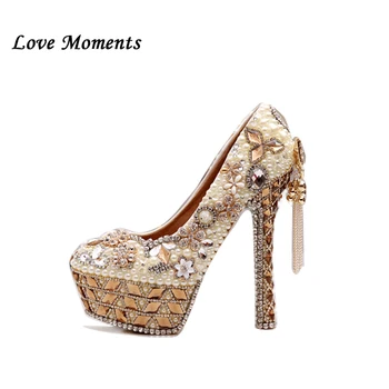 

Luxury crystal women wedding shoes ultra high heels pearl platform shoes tassel bridal shoes plus size normal dress party shoes
