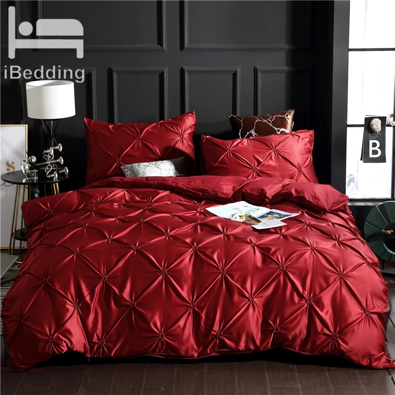 Red Luxury Super Soft Washed Silk Duvet Cover Set 3Pcs/Set Pinch Pleat