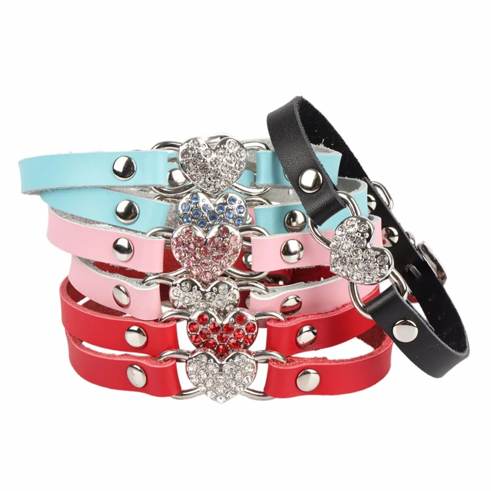 

Soft Small Cat Collar Necklace Crystal Heart Decorative Genuine Leather Collar XXS-S for Kitten Cat Supply collar gato mascotas